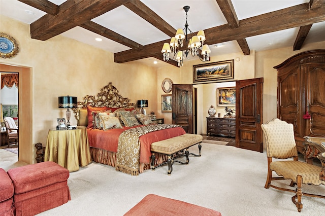 carpeted bedroom with beam ceiling, coffered ceiling, and an inviting chandelier