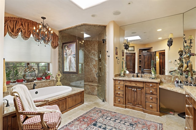 bathroom with a chandelier, shower with separate bathtub, and vanity