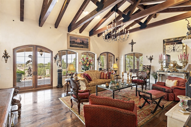 living room featuring high vaulted ceiling, an inviting chandelier, french doors, dark hardwood / wood-style floors, and beamed ceiling