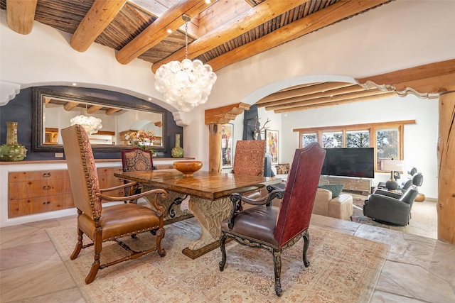 dining room with a chandelier, beamed ceiling, and wooden ceiling