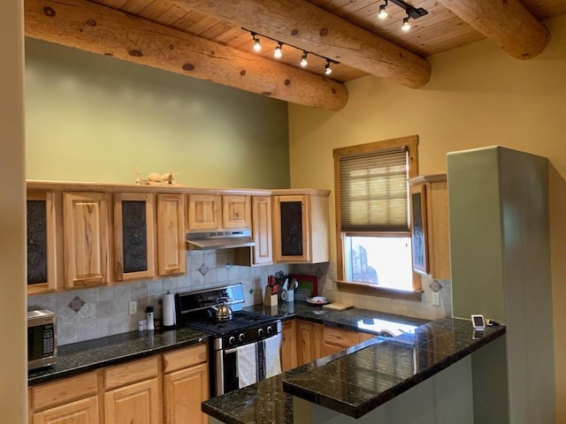 kitchen with kitchen peninsula, stainless steel appliances, tasteful backsplash, and wood ceiling