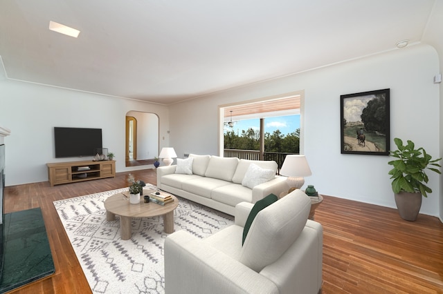 living room with dark hardwood / wood-style flooring