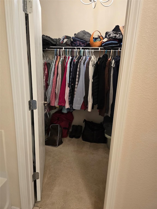 walk in closet featuring light colored carpet