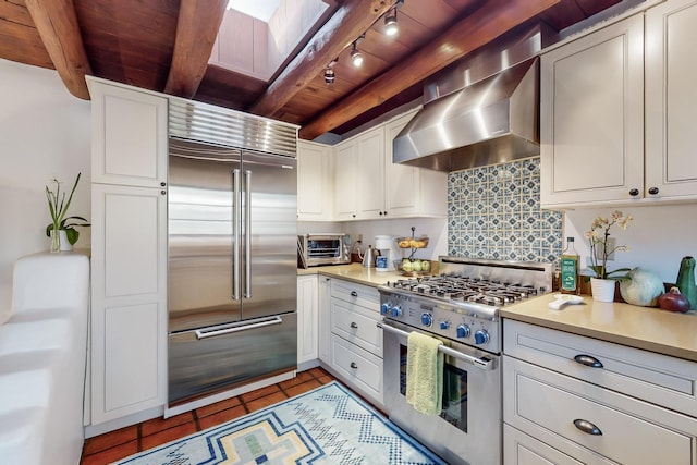 kitchen with beam ceiling, premium appliances, white cabinetry, and wall chimney exhaust hood