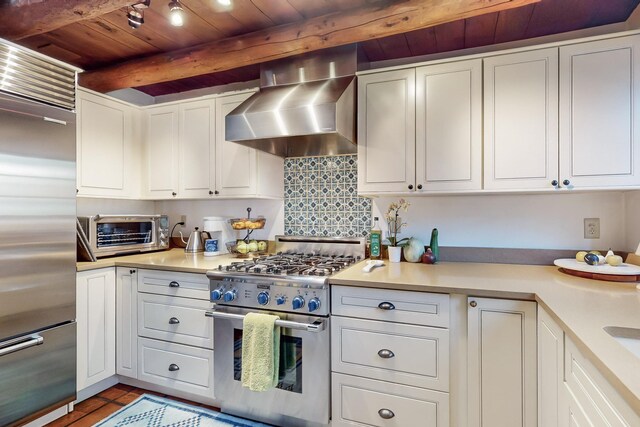 605 Abeyta St, Santa Fe, NM 87505 - kitchen with white cabinets, wall chimney exhaust hood, premium appliances, beam ceiling, and wood ceiling