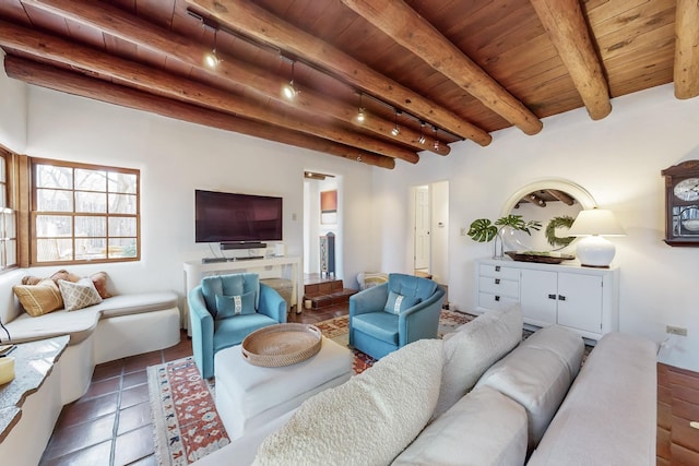 605 Abeyta St, Santa Fe, NM 87505 - tiled living room featuring beam ceiling and wood ceiling