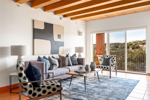 tiled living room with beamed ceiling and wooden ceiling