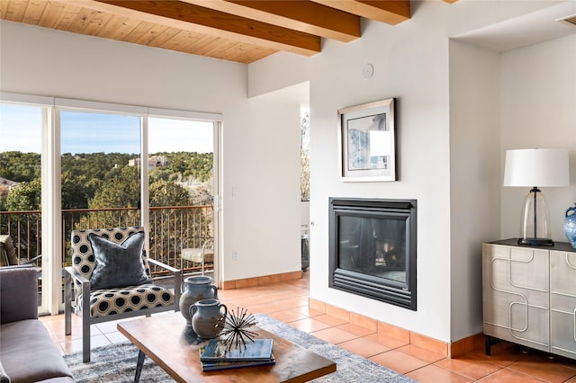 tiled living room with beam ceiling and wood ceiling