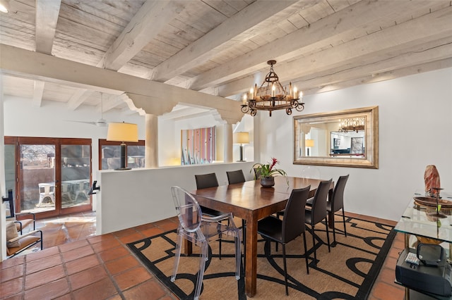 dining room with beam ceiling, a notable chandelier, and wood ceiling