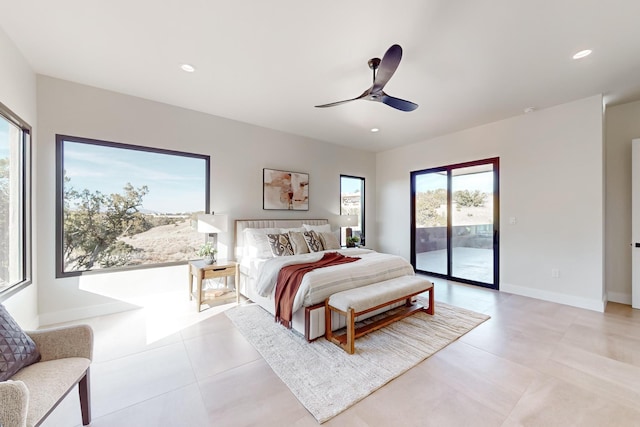 bedroom featuring ceiling fan and access to outside