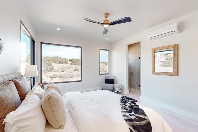 bedroom featuring a wall mounted air conditioner and ceiling fan