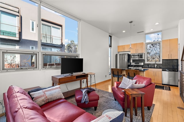 living room with light hardwood / wood-style flooring and sink