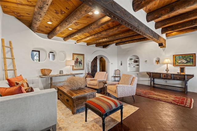 living room with beamed ceiling and wood ceiling