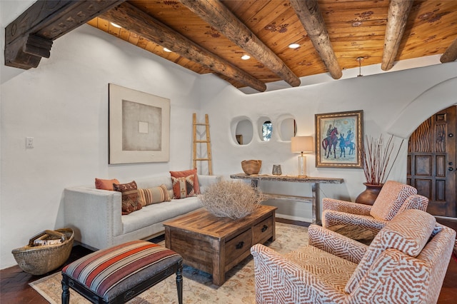 living room with beam ceiling and wooden ceiling