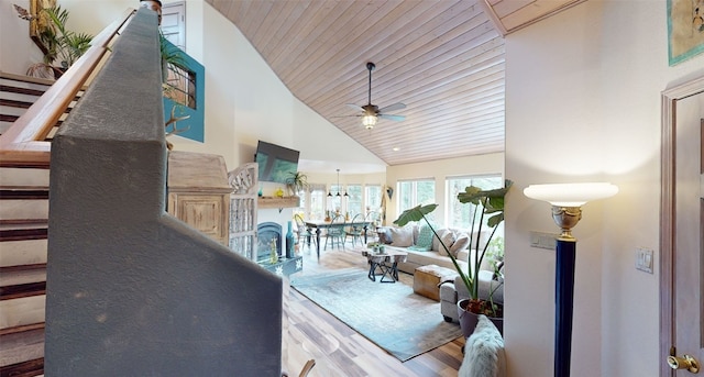 living room featuring hardwood / wood-style floors, ceiling fan, wood ceiling, and high vaulted ceiling