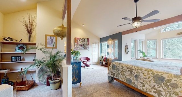 carpeted bedroom featuring high vaulted ceiling and ceiling fan