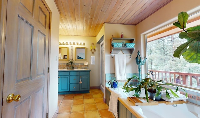 bathroom featuring a tub to relax in, tile patterned flooring, vanity, and wood ceiling