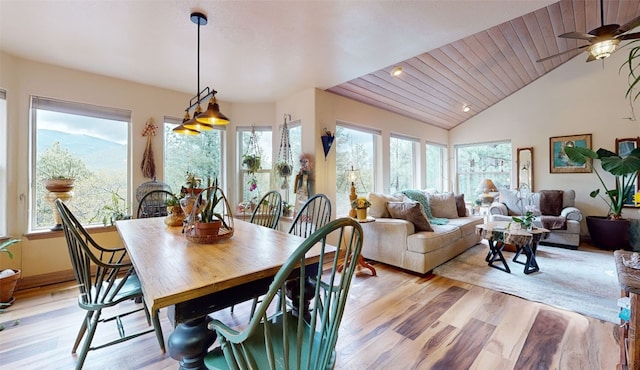 dining area featuring ceiling fan, lofted ceiling, wooden ceiling, and light hardwood / wood-style flooring