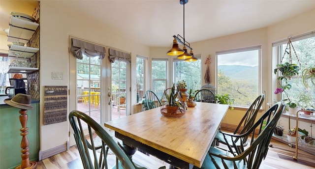 dining area with plenty of natural light, light wood-type flooring, and a mountain view