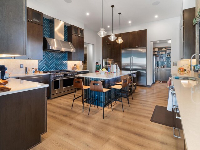 kitchen featuring backsplash, hanging light fixtures, built in appliances, wall chimney exhaust hood, and a kitchen bar