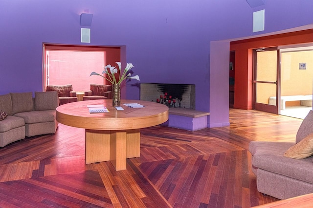 living room featuring parquet flooring