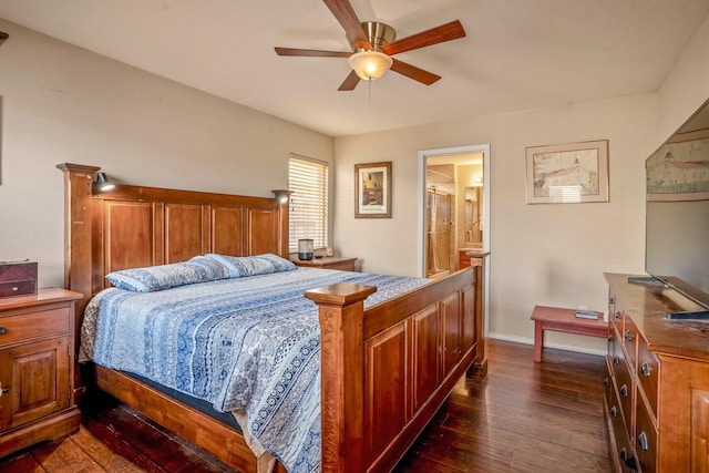 bedroom featuring ceiling fan, ensuite bathroom, and dark wood-type flooring