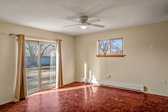 unfurnished room featuring a textured ceiling, ceiling fan, and a baseboard heating unit