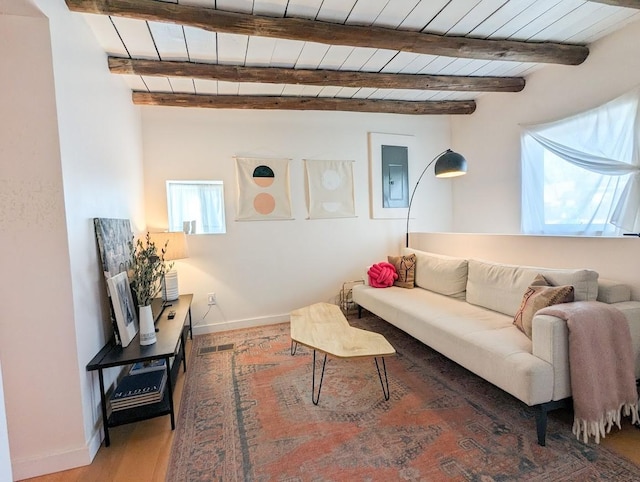 living room featuring beam ceiling, electric panel, wooden ceiling, and wood-type flooring