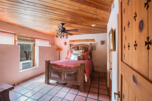 bedroom with ceiling fan, light tile patterned flooring, wood ceiling, and cooling unit