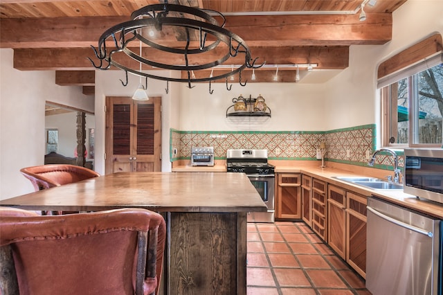 kitchen featuring wood ceiling, stainless steel appliances, decorative backsplash, and sink