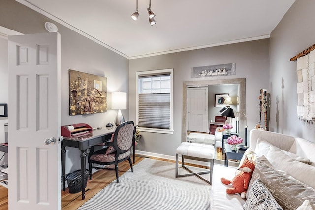 office area with ornamental molding and light hardwood / wood-style flooring