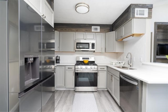 kitchen with gray cabinetry, sink, light wood-type flooring, and stainless steel appliances