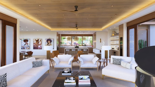 living room with a raised ceiling, sink, and wooden ceiling