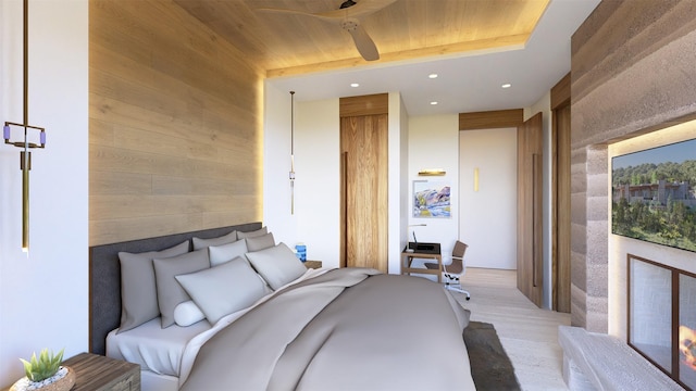 bedroom with light wood-type flooring, wooden walls, and wooden ceiling