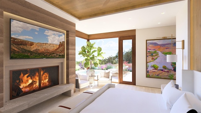 bedroom with wood ceiling, a fireplace, and access to outside