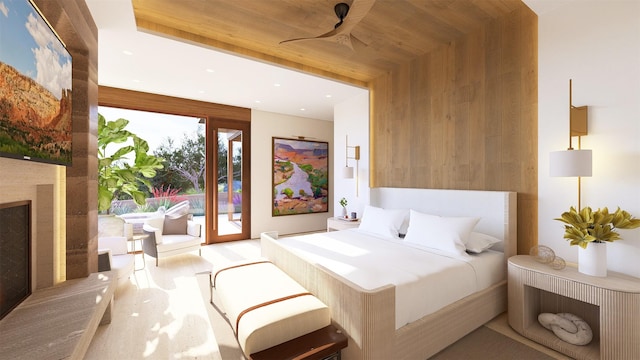 bedroom with access to outside, ceiling fan, wooden ceiling, and wood walls