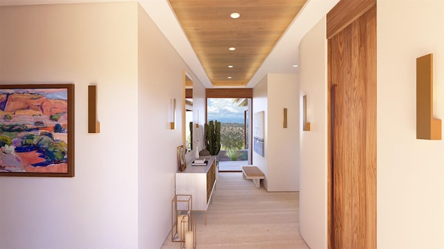 hall featuring light hardwood / wood-style floors, floor to ceiling windows, and wood ceiling