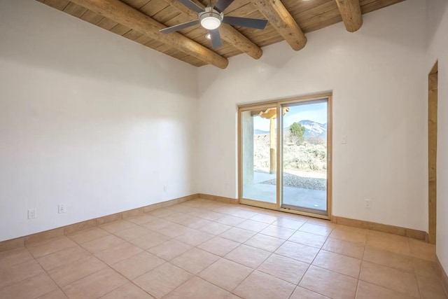 tiled empty room with ceiling fan, wood ceiling, and beamed ceiling