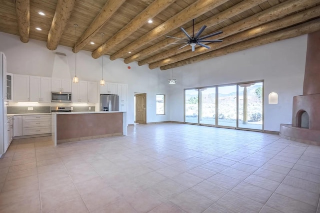 kitchen featuring pendant lighting, white cabinetry, appliances with stainless steel finishes, and wood ceiling