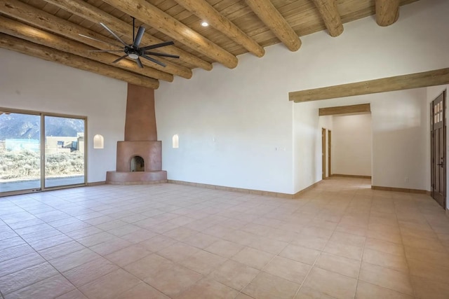 unfurnished living room featuring ceiling fan, wooden ceiling, beamed ceiling, and a fireplace