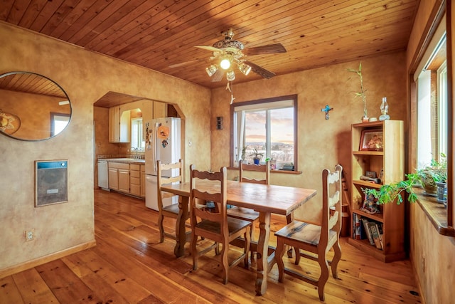 dining room with ceiling fan, light hardwood / wood-style flooring, and wood ceiling