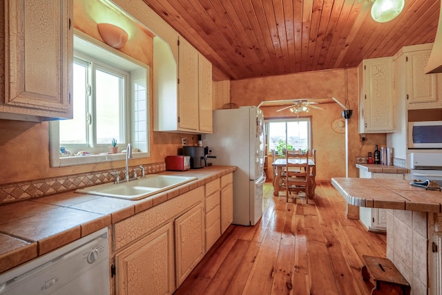 kitchen featuring sink, white appliances, tile counters, and wood ceiling