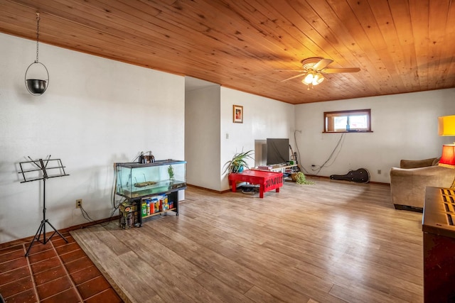 recreation room with hardwood / wood-style floors, ceiling fan, and wooden ceiling