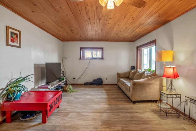 living room with wooden ceiling and light hardwood / wood-style flooring