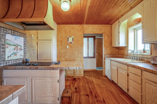 kitchen featuring premium range hood, white dishwasher, sink, tile countertops, and wooden ceiling