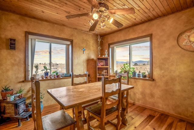 dining room featuring ceiling fan, plenty of natural light, wooden ceiling, and light wood-type flooring