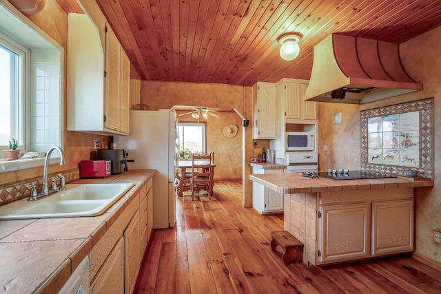 kitchen featuring black electric stovetop, sink, light wood-type flooring, tile counters, and wood ceiling