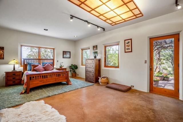 bedroom with access to outside and track lighting