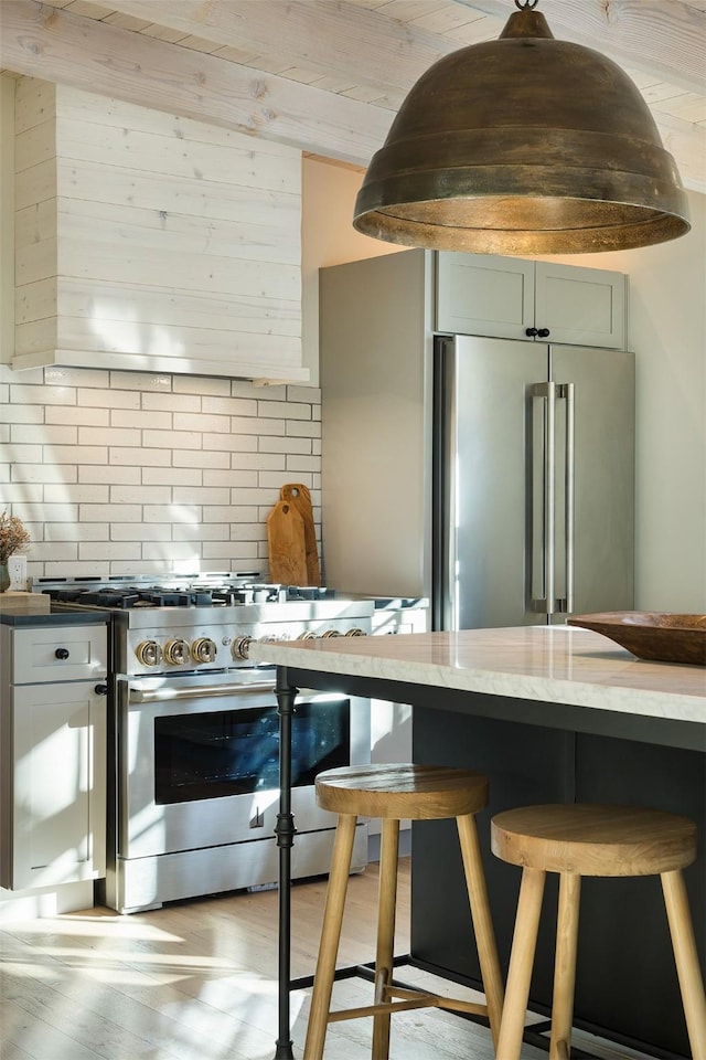 kitchen with backsplash, light hardwood / wood-style flooring, a kitchen breakfast bar, and high end appliances