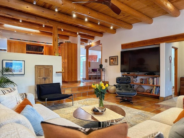 living room featuring wooden ceiling, ceiling fan, light tile patterned floors, and beam ceiling